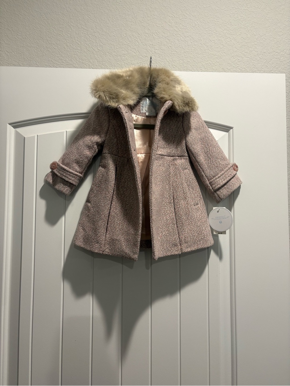 NWT Edgehill Collection Pink Tweed Faux Fur Coat 12M Bow Back
